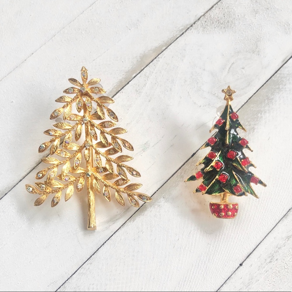 Vintage Signed Corel Christmas Tree Brooch Set 70s Rhinestone Pin Collection